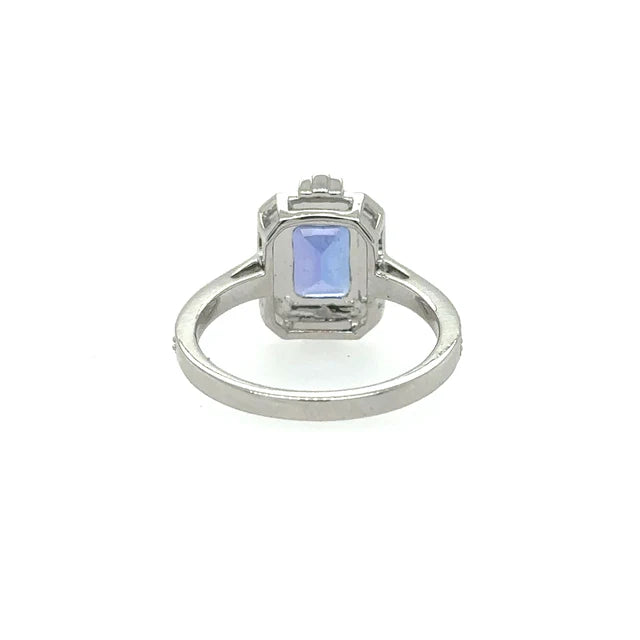 14KT WHITE GOLD TANZANITE EMERALD CUT RING WITH DIAMONDS