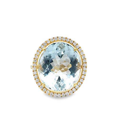 14KT YELLOW GOLD AQUAMARINE AND DIAMONDS RING