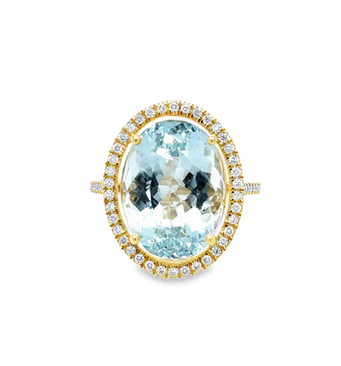 14KT YELLOW GOLD AQUAMARINE AND DIAMONDS RING