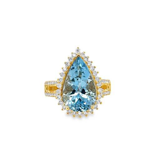 14KT YELLOW GOLD AQUAMARINE AND DIAMONDS RING