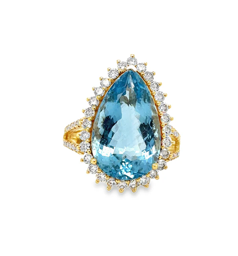 14KT YELLOW GOLD AQUAMARINE AND DIAMONDS RING
