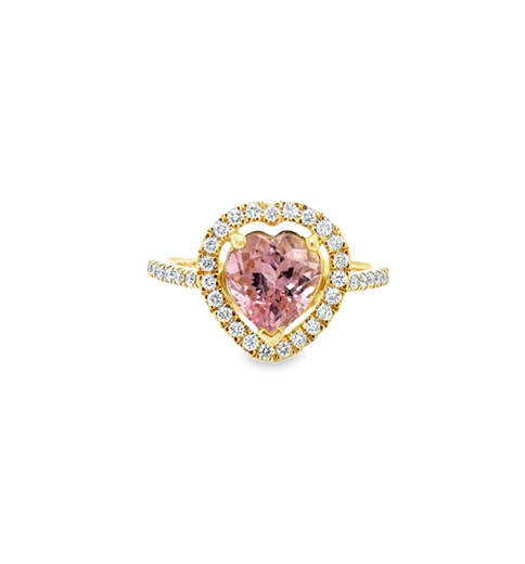 14KT YELLOW GOLD HEART SHAPE PINK TOURMALINE AND DIAMONDS RING