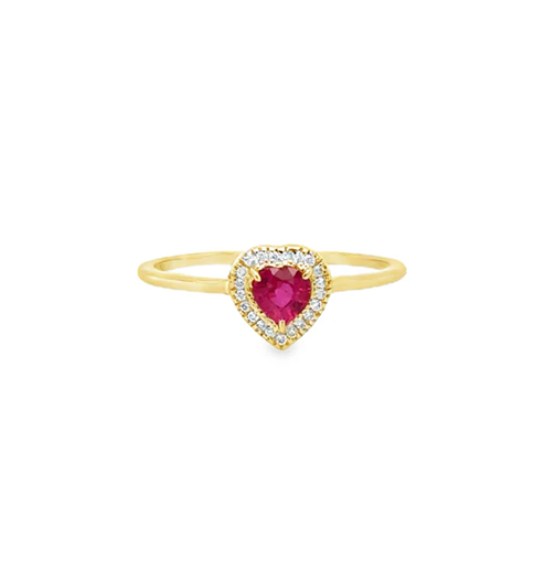14KT YELLOW GOLD HEART SHAPE RUBY AND DIAMONDS RING