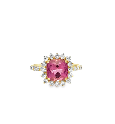 14KT YELLOW GOLD PINK TOURMALINE AND DIAMONDS RING