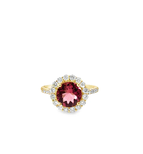 14KT YELLOW GOLD PINK TOURMALINE AND DIAMONDS RING