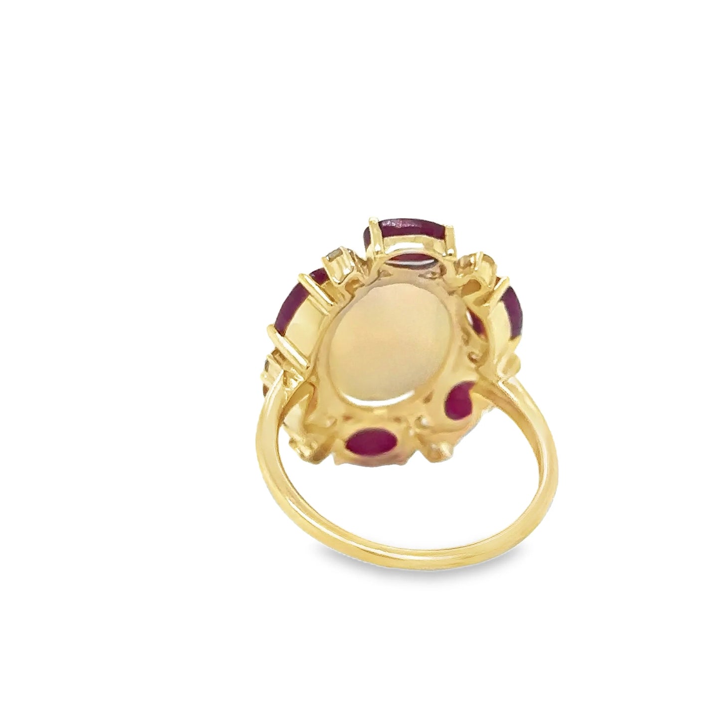 14KT YELLOW GOLD RUBY, OPAL AND DIAMOND RING