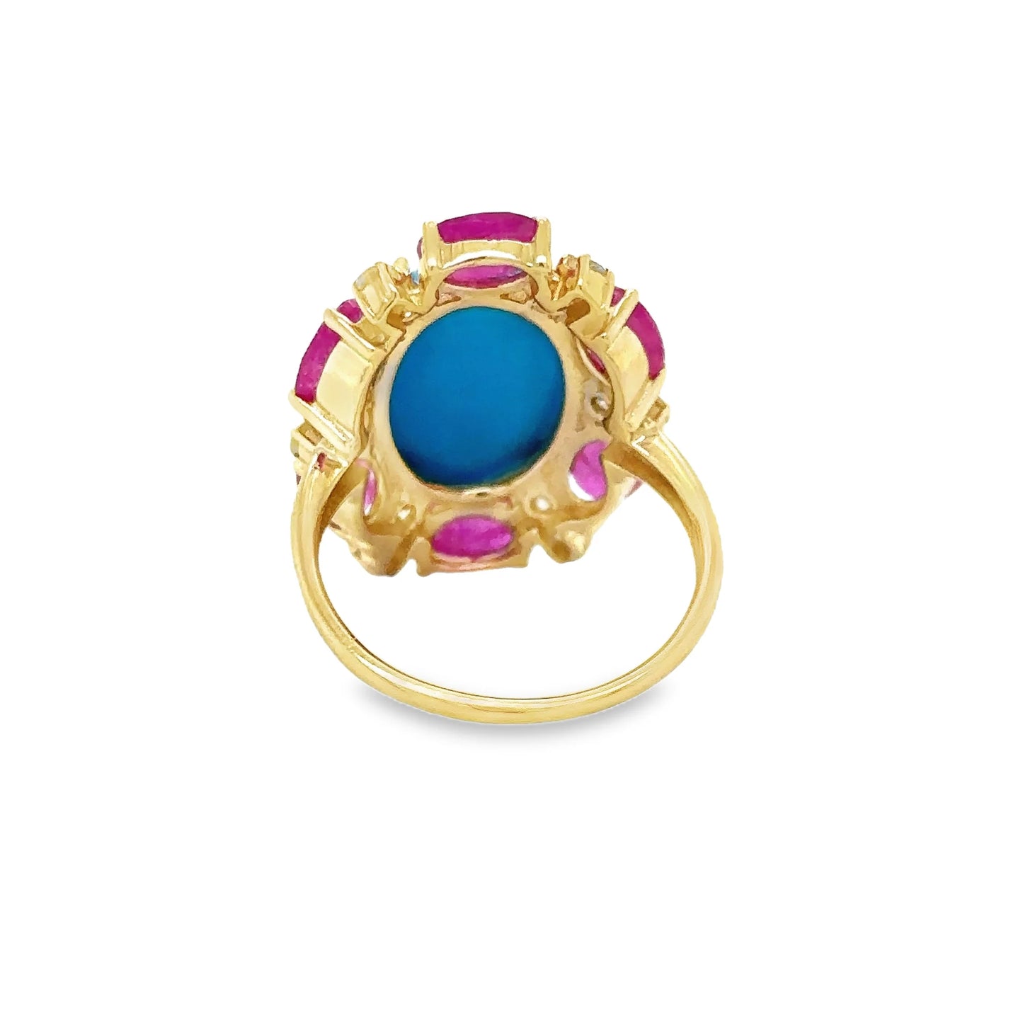 14KT YELLOW GOLD RUBY, TURQUOISE AND DIAMOND RING