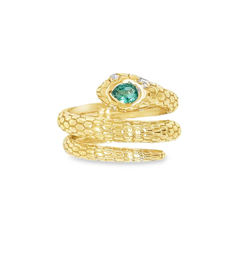 14KT YELLOW GOLD SNAKE RING WITH EMERALD AND DIAMONDS