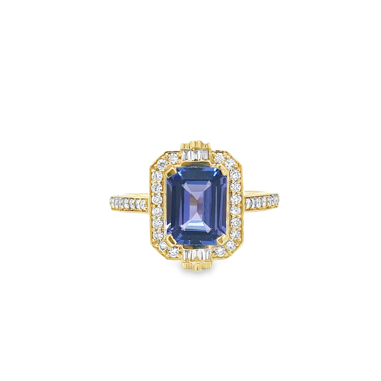14KT YELLOW GOLD TANZANITE EMERALD CUT RING WITH DIAMONDS