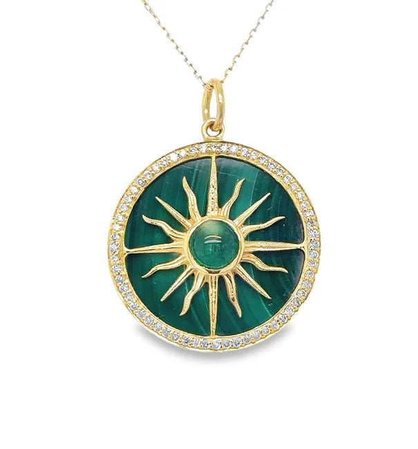 14KT YELLOW GOLD MALACHITE PENDANT WITH EMERALD AND DIAMONDS