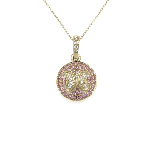 14KT YELLOW GOLD PINK SAPPHIRE AND DIAMOND BUTTERFLY PENDANT
