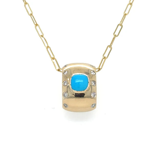 14KT YELLOW GOLD TURQUOISE AND DIAMONDS PENDANT
