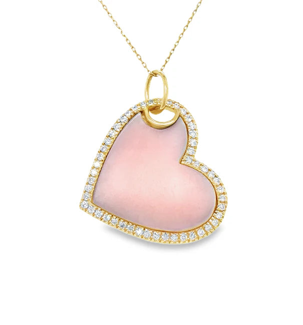 14KT YELLOW GOLD PINK OPAL HEART PENDANT WITH DIAMONDS