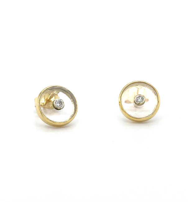 14KT YELLOW GOLD CLEAR QUARTZ WITH DIAMOND ROUND EARRING