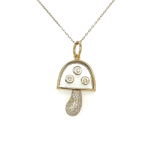 14KT YELLOW GOLD MOTHER OF PEARL MUSHROOM PENDANT WITH DIAMONDS