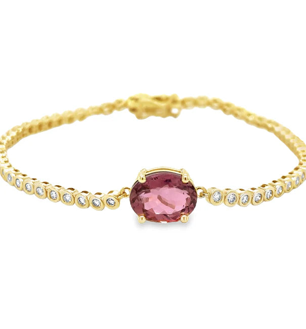 14KT YELLOW GOLD TOURMALINE AND DIAMONDS BEZEL TENNIS BRACELET