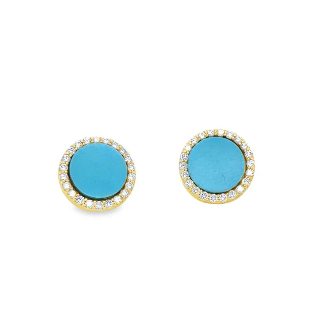 14KT YELLOW GOLD TURQUOISE WITH DIAMONDS ROUND EARRING