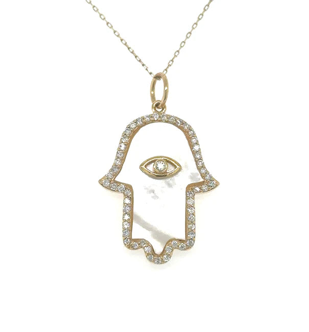 14KT YELLOW GOLD MOTHER OF PEARL HAMSA PENDANT WITH DIAMONDS