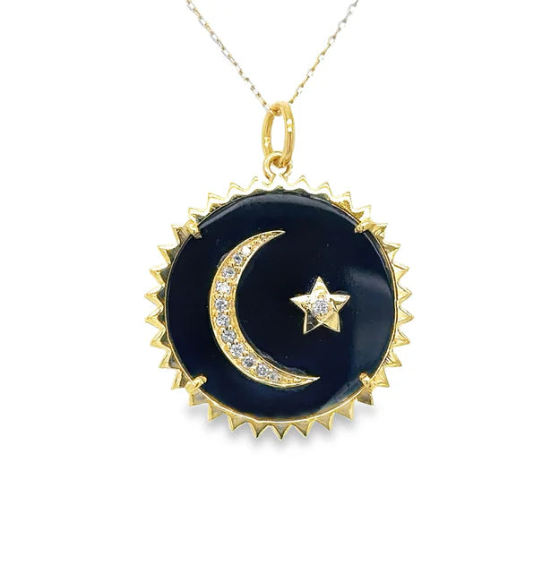 14KT YELLOW GOLD BLACK ONYX MOONSTAR PENDANT WITH DIAMONDS