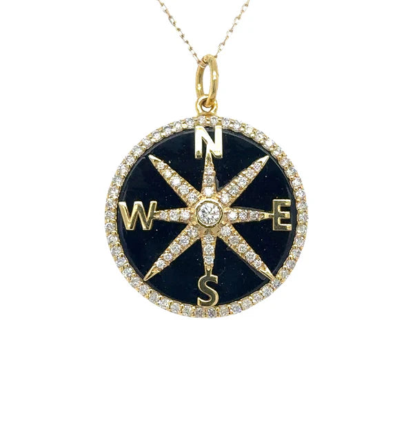 14KT YELLOW GOLD BLACK ONYX COMPASS PENDANT WITH DIAMONDS