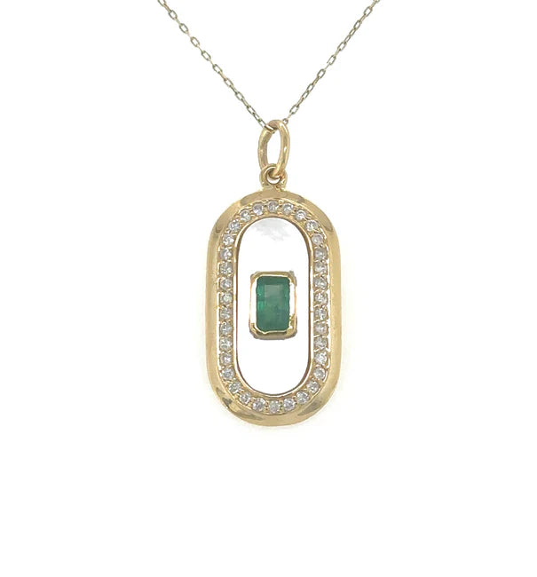14KT YELLOW GOLD MOTHER OF PEARL PENDANT WITH EMERALD AND DIAMONDS