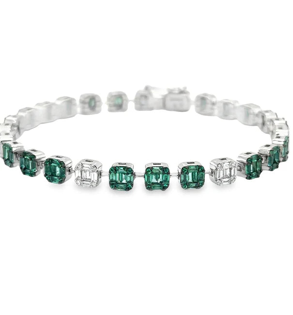 4KT WHITE GOLD EMERALD AND DIAMONDS TENNIS BRACELET