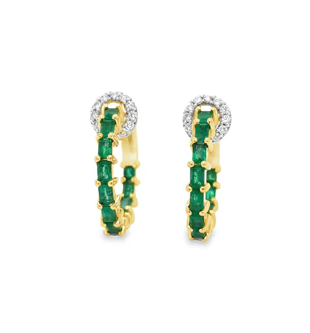 18KT YELLOW GOLD EMERALD AND DIAMONDS HOOP EARRING