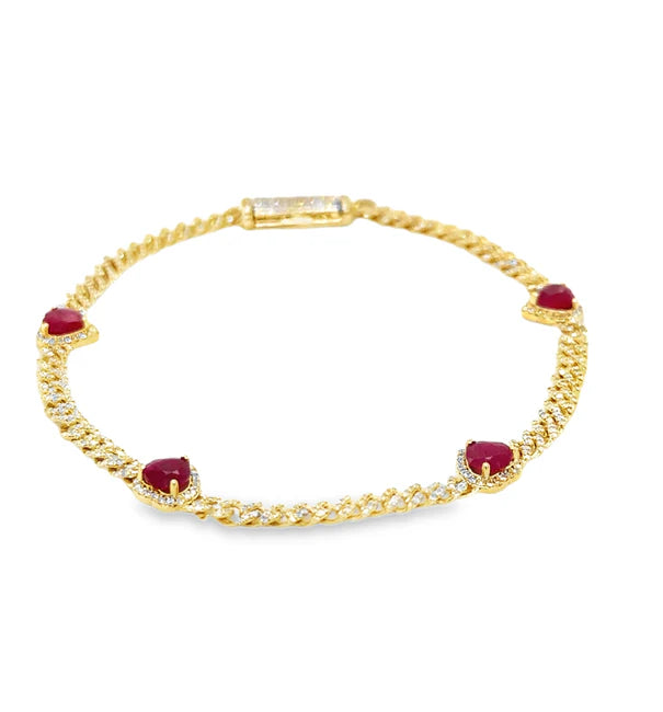 14KT YELLOW GOLD RUBY AND DIAMONDS HEART CUBAN BRACELET