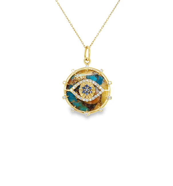 14KT YELLOW GOLD OYSTER TURQUOISE AND SAPPHIRE EVIL EYE PENDANT WITH DIAMONDS