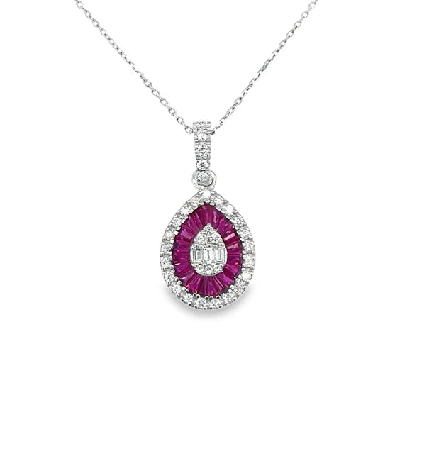 14KT WHITE GOLD RUBY AND DIAMONDS PEAR SHAPE PENDANT