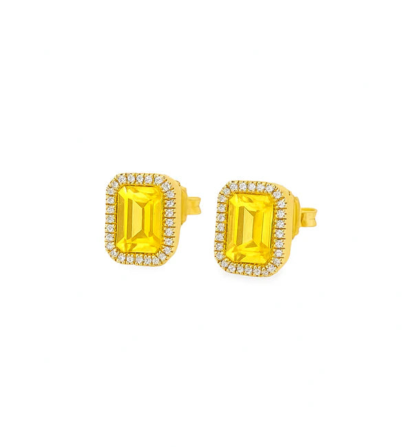 14K GOLD EMERALD CUT YELLOW SAPPHIRE AND DIAMOND STUD EARRING