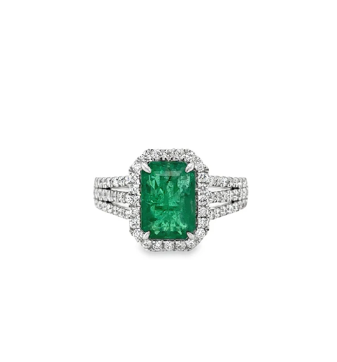 18KT WHITE GOLD EMERALD AND DIAMONDS RING