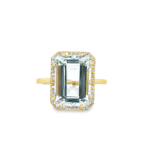18KT YELLOW GOLD AQUAMARINE AND DIAMONDS RING