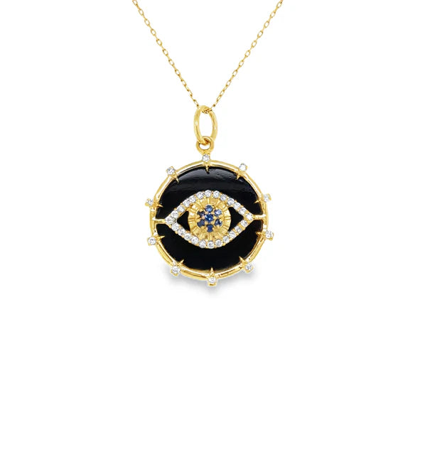 ONYX AND SAPPHIRE EVIL EYE PENDANT WITH DIAMONDS