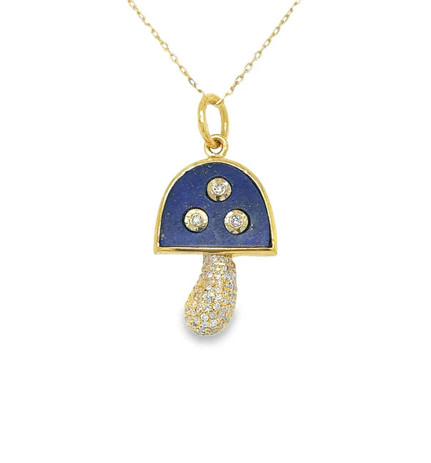 14KT YELLOW GOLD LAPIS MUSHROOM PENDANT WITH DIAMONDS