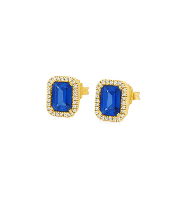 14K GOLD EMERALD CUT BLUE SAPPHIRE AND DIAMOND STUD EARRING