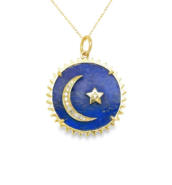 14KT YELLOW GOLD LAPIS MOONSTAR PENDANT WITH DIAMONDS