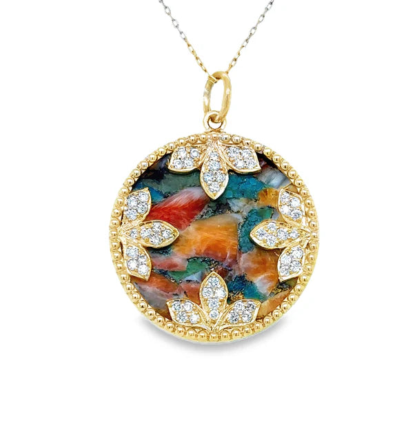 14KT YELLOW GOLD OYSTER TURQUOISE PENDANT WITH DIAMONDS