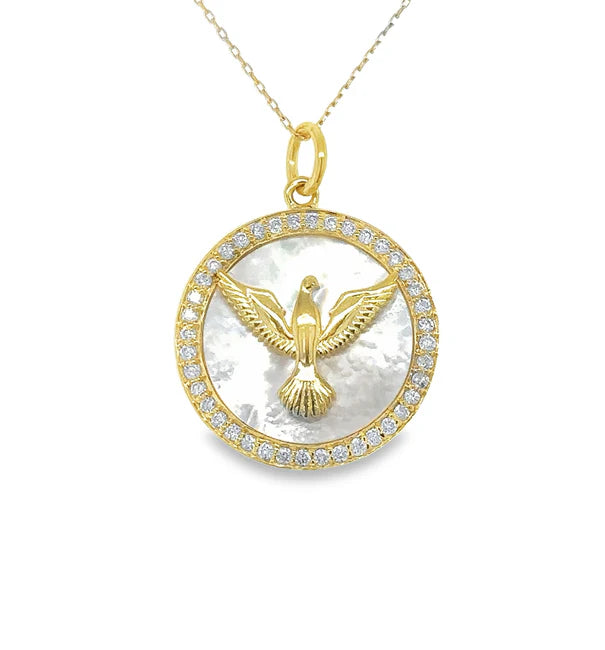 14KT YELLOW GOLD MOTHER OF PEARL BIRD PENDANT WITH DIAMONDS