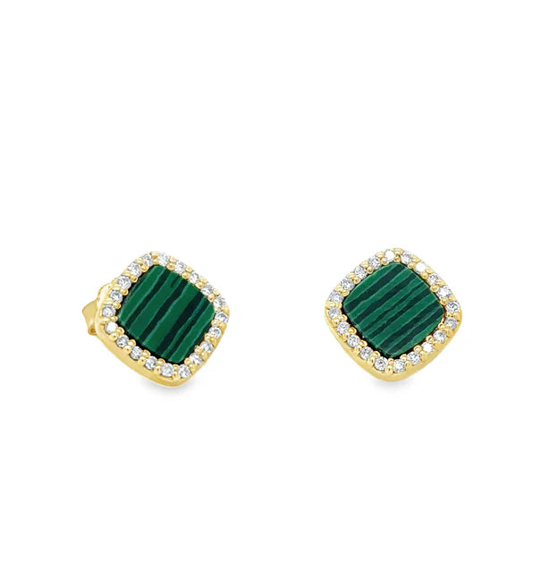 14KT YELLOW GOLD MALACHITE WITH DIAMONDS SQUARE EARRING
