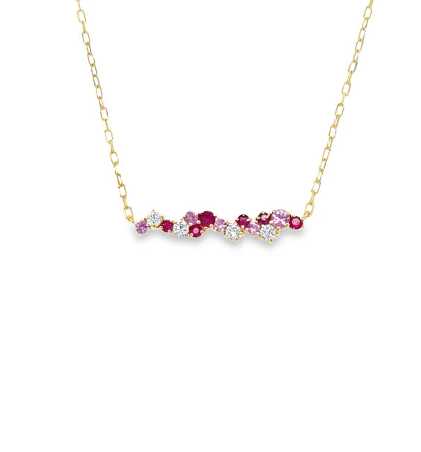 14KT YELLOW GOLD RUBY AND PINK SAPPHIRE BAR NECKLACE WITH DIAMOND