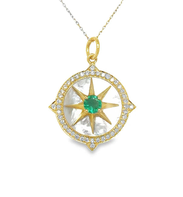 14KT YELLOW GOLD MOTHER OF PEARL PENDANT WITH EMERALD AND DIAMONDS