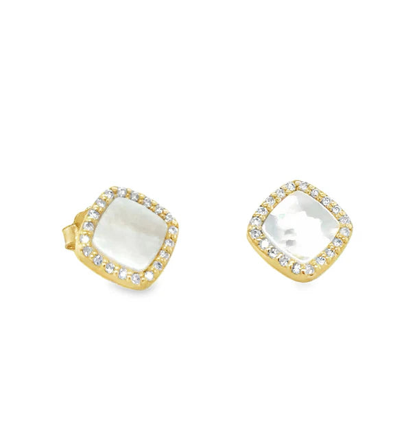 14KT YELLOW GOLD MOTHER OF PEARL WITH DIAMONDS SQUARE EARRING