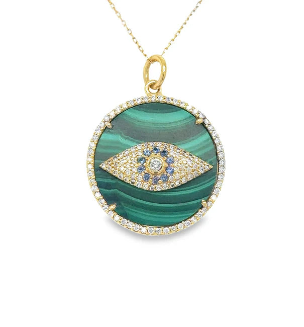 14KT YELLOW GOLD MALACHITE EVIL EYE PENDANT WITH SAPPHIRE AND DIAMONDS