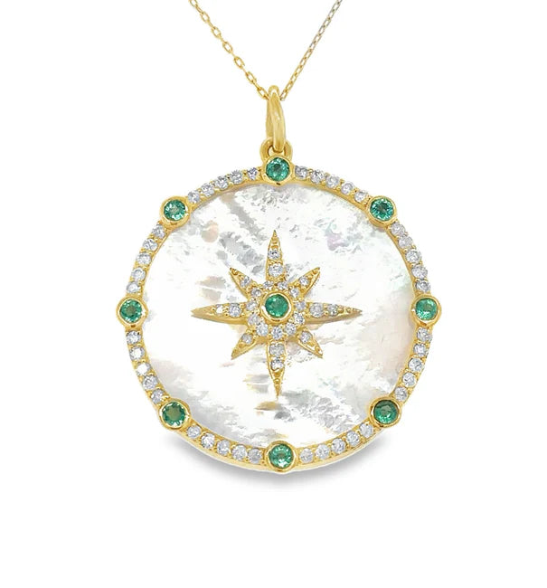 14KT YELLOW GOLD MOTHER OF PEARL STAR PENDANT WITH EMERALD AND DIAMONDS