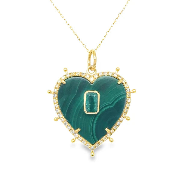 14KT YELLOW GOLD MALACHITE HEART PENDANT WITH EMERALD AND DIAMONDS