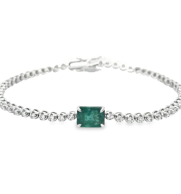14KT WHITE GOLD EMERALD OCT AND DIAMOND TENNIS BRACELET