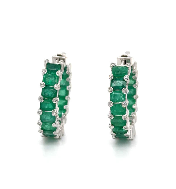 18KT WHITE GOLD EMERALD AND DIAMOND HOOP EARRING