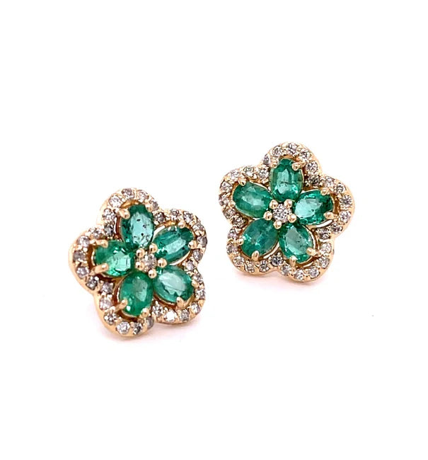 14KT YELLOW GOLD FLOWER EMERALD DIAMOND EARRING