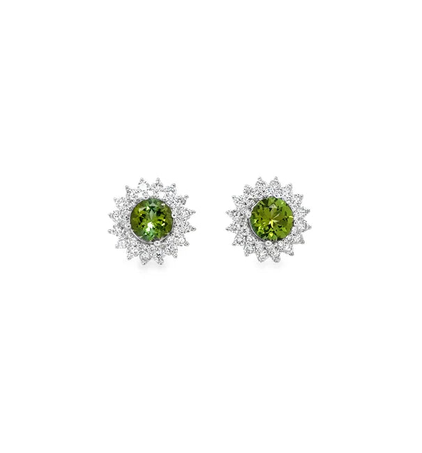 14KT WHITE GOLD GREEN TOURMALINE AND DIAMONDS STUD EARRING